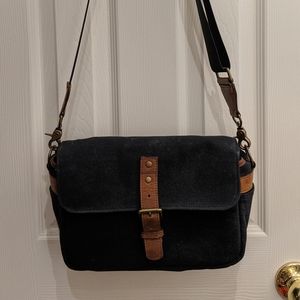 Cognac Leather & Black Canvas Crossbody Camera Bag